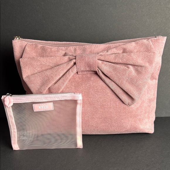 Pink toiletries makeup bag with bow and pink mesh Kylie  mash pouch set - Picture 1 of 10
